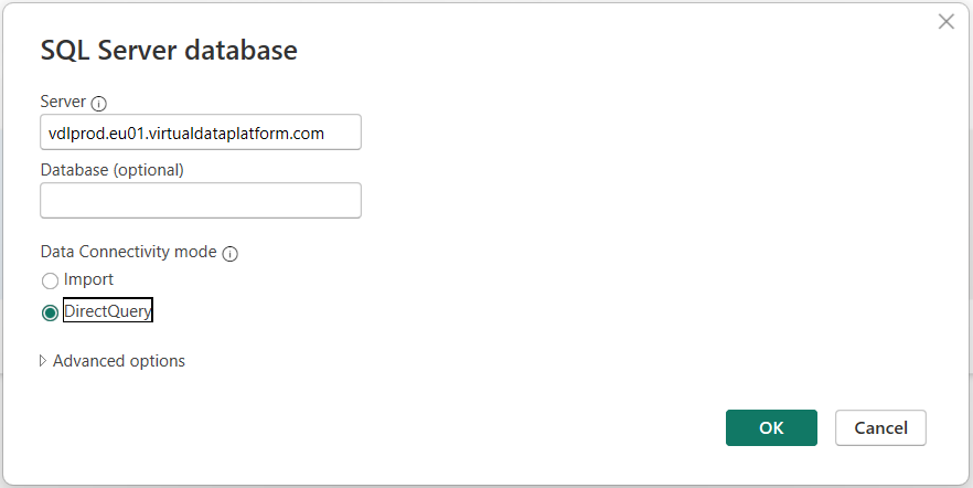 Enter hostname and select Direct Query